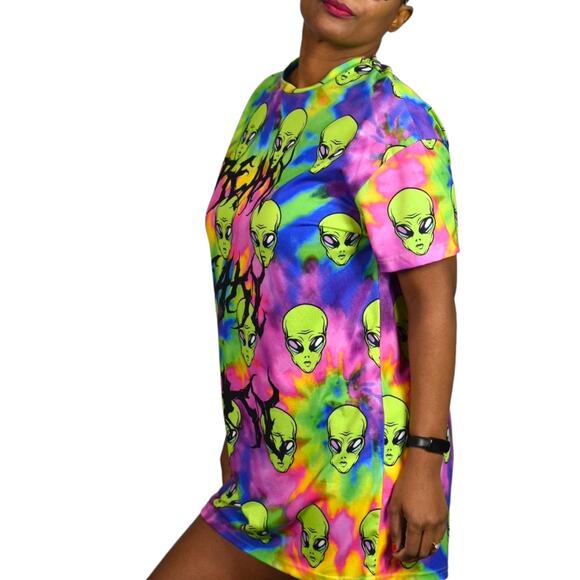 ASOS Freaky Alien Dress Green Tie Dye Oversized Shirt Graphic Mini Neon Size 2 - Picture 6 of 16